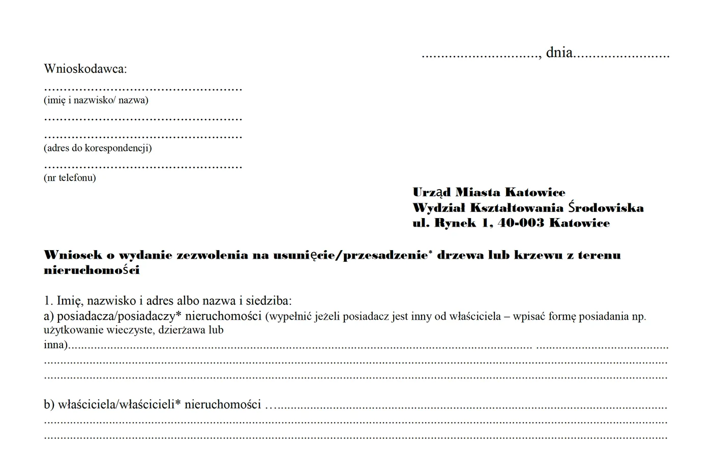 formularz wniosku o wycinkę drzewa